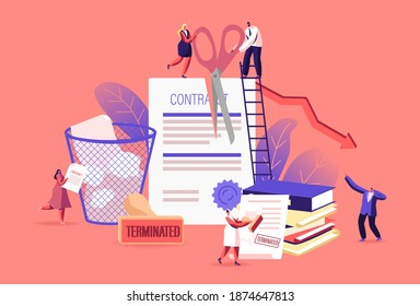 Tiny Male And Female Characters At Huge Document Tear Terminated Contract With Scattered Paper Sheets And Litter Bin. Woman With Stamp, Drop Arrow Graph, Crisis. Cartoon People Vector Illustration