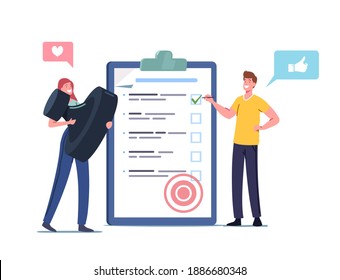 Tiny Male Female Characters with Huge Stamp Stand at Checklist Put Marks in Check Boxes on Clipboard. Business Planning, Task Completed, Solution Notes in Textbook. Cartoon People Vector Illustration