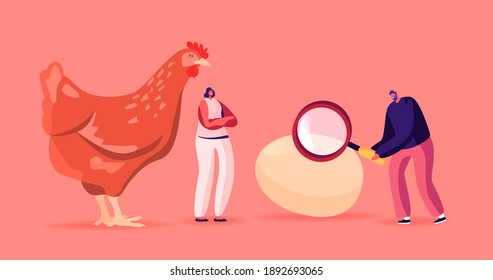 Tiny Male and Female Characters at Huge Hen with Magnifier Solve Paradox Which Came First Chicken or Egg. Causality Dilemma, Chicken-and-egg Metaphoric Adjective. Cartoon People Vector Illustration