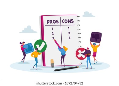 Tiny Male and Female Characters at Huge Notebook Sheet Writing Pros and Cons of Something in Column List, Advantages and Disadvantages, People Make Important Decision. Cartoon Vector Illustration