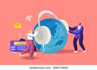 Tiny Male and Female Characters with Huge Headset near Radio Transmitter and Earth Globe Broadcast Podcast or Audioprogram Livestream, Entertainment Online Broadcasting. Cartoon Vector Illustration