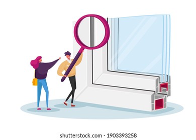 Tiny Male And Female Characters With Huge Magnifying Glass Looking On Sample Of Pvs Window Profile With Triple Hermetics Glass. Modern Industrial Or HomeTecnologies. Cartoon People Vector Illustration