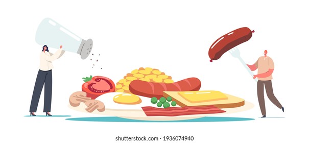 Tiny Male and Female Characters at Huge Plate with English Full Fry Up Breakfast Bacon, Sausages with Fried Egg, Beans, Tomato or Mushroom, Toast with Melted Butter. Cartoon People Vector Illustration