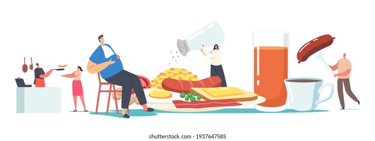 Tiny Male and Female Characters at Huge Plate Having Traditional English Full Fry Up Breakfast Bacon, Sausages with Fried Eggs, Beans and Toast with Tea or Juice. Cartoon People Vector Illustration