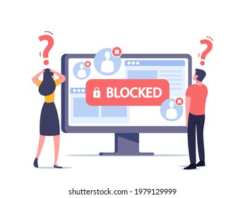 Tiny Male and Female Characters at Huge Computer Monitor Surprised with Blocked Account on Screen. Hacker Cyber Attack, Censorship or Ransomware Activity Security. Cartoon People Vector Illustration