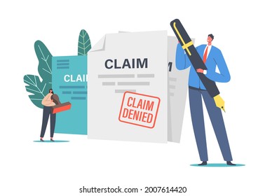 Tiny Male and Female Characters with Huge Pen and Seal Stamp at Denied Insurance Claim Certificate. Protection of Health, Life, Real Estate and Property Interests. Cartoon People Vector Illustration