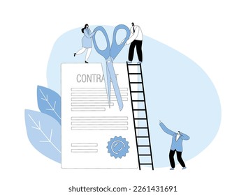 Tiny Male and Female Characters with Huge Scissors Standing on Ladder Cutting Document, Terminated Contract Paper Sheet with Stamp. Ending Of Agreement Concept. Cartoon People Vector Illustration