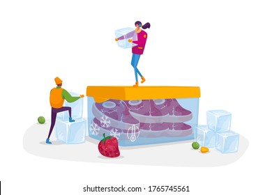 Tiny Male and Female Characters with Ice Cubes in Winter Clothing Stand on Huge Container with Frozen Meat. Products Refrigeration, Food, Fresh Berries, Vegetables. Cartoon People Vector Illustration