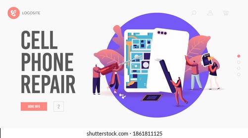 Tiny Male and Female Characters with Instruments Assembling or Repair Huge Smartphones Landing Page Template. Men and Women Fixing Cellphone, Assemble Mobile Phones. Cartoon People Vector Illustration