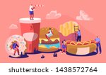 Tiny Male and Female Characters Interacting with Fastfood. Huge Burger, Hot Dog with Mustard, French Fries, Donut, Soda Drink. People Eating Street Fast Food Cafe Meal Cartoon Flat Vector Illustration