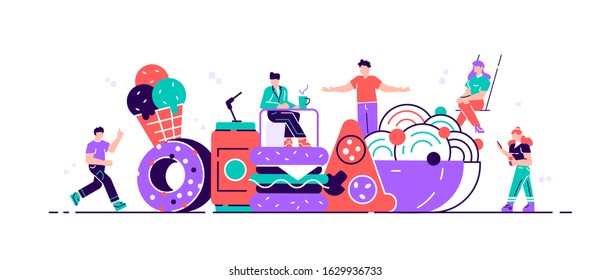 Tiny male and female characters Interacting with fastfood. huge burger, hot dog with mustard, french fries, donut, soda drink. people eating street fast food cafe meal cartoon flat vector illustration