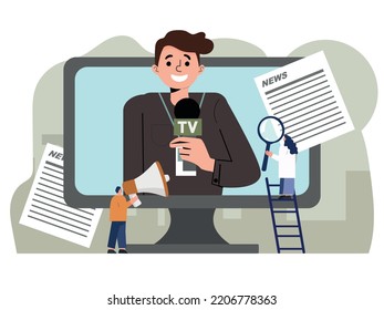 Tiny male and female characters near newspapers helping TV journalist to report news. Different types of social media flat vector illustration. Television and press, digital communication concept.