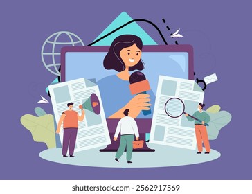 Tiny male and female characters near newspapers helping TV journalist to report news. Different types of social media flat vector illustration. Television and press, digital communication concept