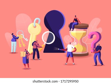 Tiny Male and Female Characters Paying Quest Game Solving Puzzle During Riddle. Escape Room Concept, Friends Company Adventure, Recreation. People with Keys and Hourglass. Cartoon Vector Illustration