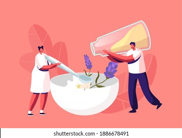 Tiny Male and Female Characters Pour Natural Ingredients Flowers and essential Oil in Huge Bowl Mixing with Spoon Making Handmade Soap. Hand Made Craft Workshop. Cartoon People Vector Illustration