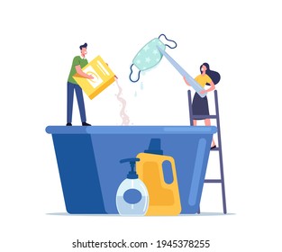 Tiny Male and Female Characters Pour Detergent into Huge Basin for Washing Reusable Handmade Fabric Mask during Coronavirus Pandemic. Health Care Concept. Cartoon People Vector Illustration