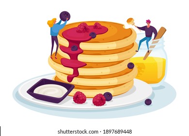 Tiny Male and Female Characters Pouring Huge Stack of Fresh Hot Pancakes with Honey and Decorate with Fresh Berries. Breakfast, Morning Food, Culinary Hobby Concept. Cartoon People Vector Illustration