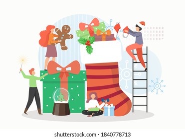 Tiny male and female characters preparing traditional Christmas presents, flat vector illustration. Happy people packing gift boxes, gingerbread cookie, candy cane into giant Christmas sock.