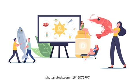 Tiny Male and Female Characters Presenting Sources of Vitamin D Seafood, Organic Natural Products and Sunbathing. Nutritional Addictive Supplements for Health. Cartoon People Vector Illustration