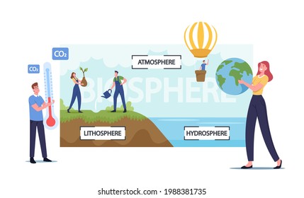 Pequeños personajes masculinos y femeninos presentando infografías de la biosfera terrestre. Atmósfera, litósfera e hidrosfera. Hombres y mujeres regando plantas, volando en globo. Ilustración de vectores de personas de caricatura