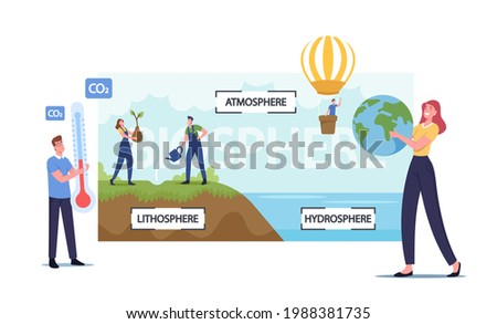 Tiny Male and Female Characters Presenting Earth Biosphere Infographics. Atmosphere, Lithosphere and Hydrospehre. Men and Women Watering Plants, Flying on Balloon. Cartoon People Vector Illustration