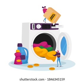 Tiny Male and Female Characters in Public Laundry Loading Dirty Clothing and Detergent Powder to Huge Laundromat or Washing Machine. Launderette Cleaning Service. Cartoon People Vector Illustration
