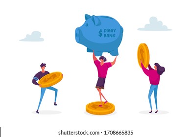 Tiny Male and Female Characters Put Golden Coins into Huge Piggy Bank. Money Saving, Finance, Budget Concept. Financial Savings, Investment Deposit and Moneybox. Cartoon People Vector Illustration