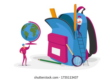Tiny Male Female Characters Put School Stationery and Learning Equipment to Huge Rucksack. Man Carry Globe, Woman on Ladder Hold Pencil. College Education Concept. Cartoon People Vector Illustration