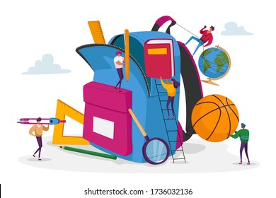 Tiny Male and Female Characters Put in Huge Backpack Educational Tools, Stationery Ball, Globe and Book for Different Disciplines. Back to School, Education Concept. Cartoon People Vector Illustration
