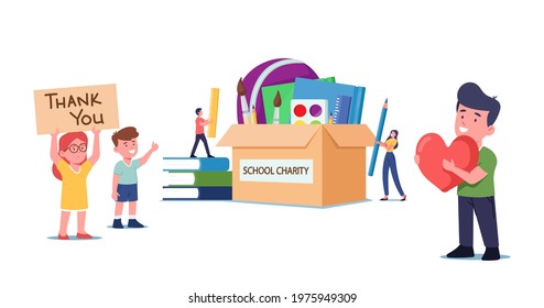 Tiny Male and Female Characters Put Books and Stationery in Huge Donation Box. Happy Kids with Heart in Hands Gratitude Sponsors for Humanitarian Aid and Solidarity. Cartoon People Vector Illustration