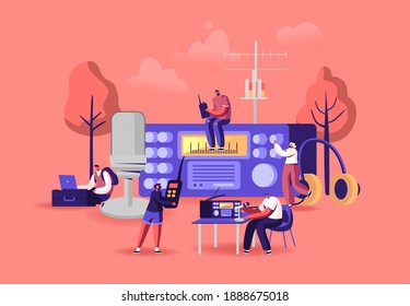 Tiny Male and Female Characters Radio Amateurs at Huge Receiver. Men and Women Using Walkie Talkie, Program Broadcasting, Listening Music and Search Radio Signal. Cartoon People Vector Illustration