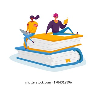 Tiny Male and Female Characters Reading and Working on Laptop Sitting on Huge Books Pile. Students Spend Time in Library or Prepare for Grammar Test Examination. Cartoon People Vector Illustration