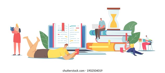 Tiny Male and Female Characters Reading on Huge Books Pile. Young Woman and Man Students or Bookworms Spend Time in Library or Prepare for Examination Get Knowledge. Cartoon People Vector Illustration