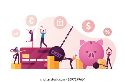 Tiny Male and Female Characters Rejoice for Money Debt Deliverance and Finance Freedom. Happy People Cutting Chains at Huge Piggy Bank and Credit Card, Slavery Finish. Cartoon Vector Illustration