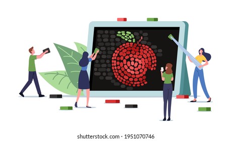 Tiny Male and Female Characters Set Up Huge Mosaic, Creative Hobby Concept. People Decorate Frame with Colorful Ceramic Pieces Making Apple, Craftsmanship, Decorative Art. Cartoon Vector Illustration