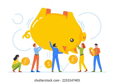 Kleine männliche und weibliche Charaktere schütteln große Schweinegrippe Bank, Konzept der Armut, Sparen, Haushalt, Finanzinvestitionen. Menschen, die Geld sammeln oder Geld von Moneybox nehmen. Cartoon-Vektorgrafik