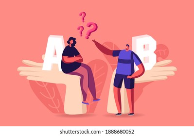 Tiny Male and Female Characters Sit on Huge Palms Make Decision Choose Between A or B Variants. Pros or Cons, Man and Woman Count Advantages, Disadvantages of Deal. Cartoon People Vector Illustration