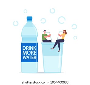 Tiny Male and Female Characters Sitting with Straws on Huge Glass with Fresh Water. Healthy Lifestyle, Pure Aqua Refreshment, Wellbeing. People Drinking H2O for Hydration. Cartoon Vector Illustration