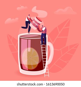 Tiny Male and Female Characters Stand on Ladder at Huge Cup of Tea with Lemon Slice Put Artificial Sweetener Tablets to Hot Drink. Diabetes and Diabetic Healthy Sweets. Flat Vector Illustration