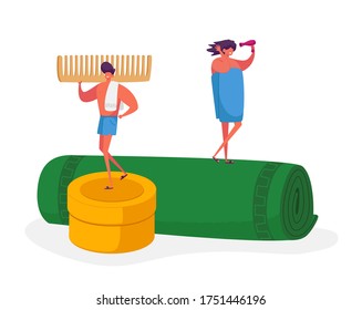 Tiny Male and Female Characters Stand on Huge Towel Roll, Man Holding Comb, Woman Drying Hair with Fan after Taking bath or Shower. Hygiene Procedures, Body Washing. Cartoon People Vector Illustration