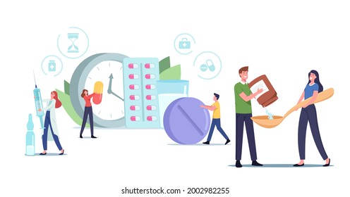Tiny Male and Female Characters Take Pills in Time to Treat Disease or Stop Pain. Daily Dose of Medication, Health Treatment, Pharmacy and Medicine Cure Concept. Cartoon People Vector Illustration