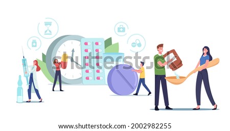 Tiny Male and Female Characters Take Pills in Time to Treat Disease or Stop Pain. Daily Dose of Medication, Health Treatment, Pharmacy and Medicine Cure Concept. Cartoon People Vector Illustration