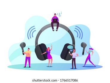 Tiny Male and Female Characters Use Wireless Headphones. Young Men and Women at Huge Earphones Listening Music, Calling to Friends, Smart Technologies for Mobile. Cartoon People Vector Illustration