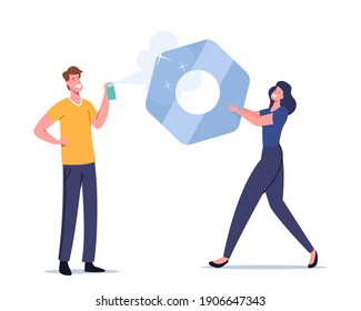 Tiny Male and Female Characters Use Protective Spray against Oxide Rusty Reddish Coating. Metal Corrosion Protection, Woman Holding Huge Nut or Female Screw. Cartoon People Vector Illustration