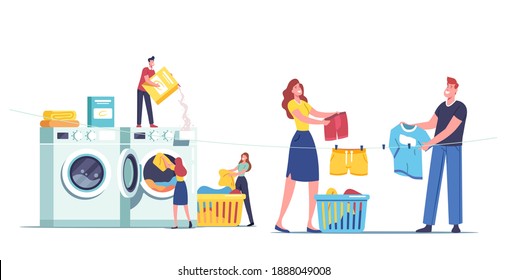 Tiny Male Female Characters Visiting Laundry Loading Dirty Clothes to Huge Washing Machine, Take Out Clean Dresses and Hang on Rope, Laundrette Wash Service Concept. Cartoon People Vector Illustration