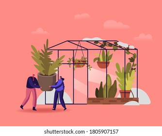 Tiny Male and Female Characters Working in Winter Garden Concept. People Carry Huge Potted Plant, Planting Flowers in Greenhouse Orangery, Watering and Fertilizing Soil. Cartoon Vector Illustration