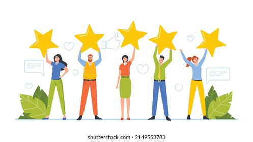 Tiny Male and Female Clients Characters Holding Huge Stars, Rating, Consumer Feedback or Customer Review Evaluation, Satisfaction Level and Critic Concept. Cartoon People Vector Illustration