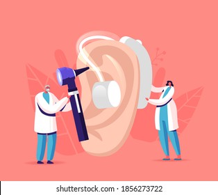 Tiny Male Female Doctors Characters Fitting Deaf Aid on Huge Patient Ear. Hearing Loss Medical Health Problem, Otolaryngology Medicine, Deafness Disease Concept. Cartoon People Vector Illustration