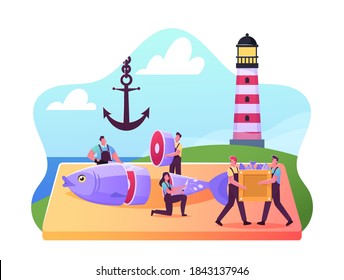 Tiny Male And Female Fisher Characters Cutting Fresh Raw Fish On Coastline With Lighthouse And Anchor, Seafood Retail And Distribution In Stores, Fishery Industry. Cartoon People Vector Illustration