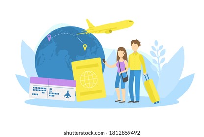 Tiny Male and Female Tourists with Suitcase, Passport and Tickets, Couple Travelling on Vacation Vector Illustration
